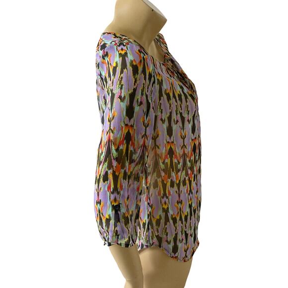 EXPRESS Womens Size XS Sheer Convertible 3/4 Sleeve Keyhole Neck Tribal Shirt - Picture 3 of 9